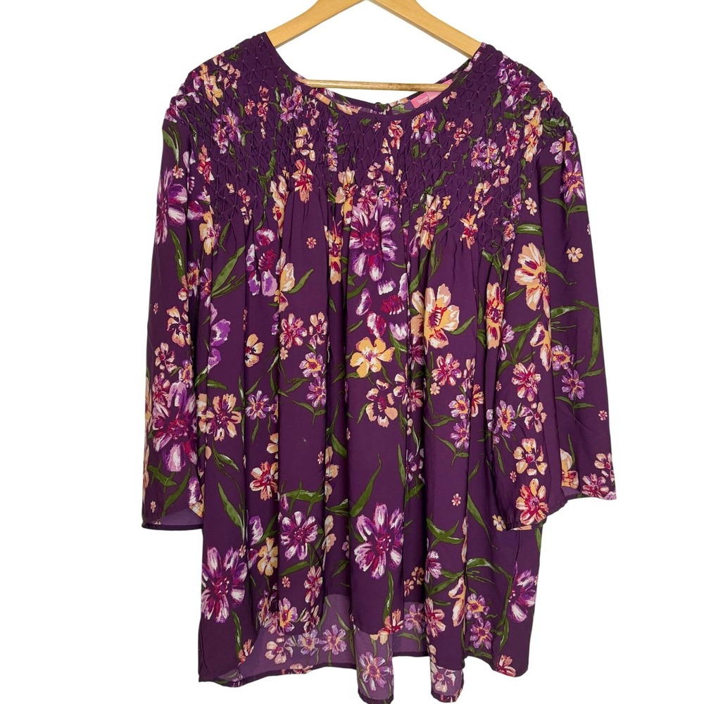 Woman Within Floral Smocked Yoke Blouse Plus Size 3X 3/4 Flare Sleeve Workwear